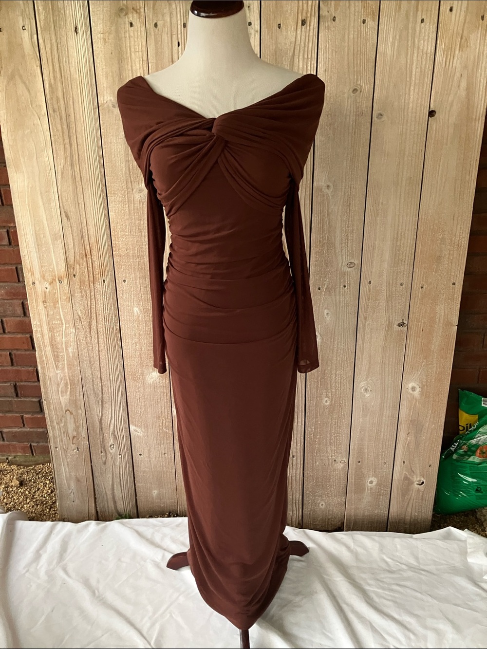 Brown Off-Shoulder Knot Front Long Sleeve Dress